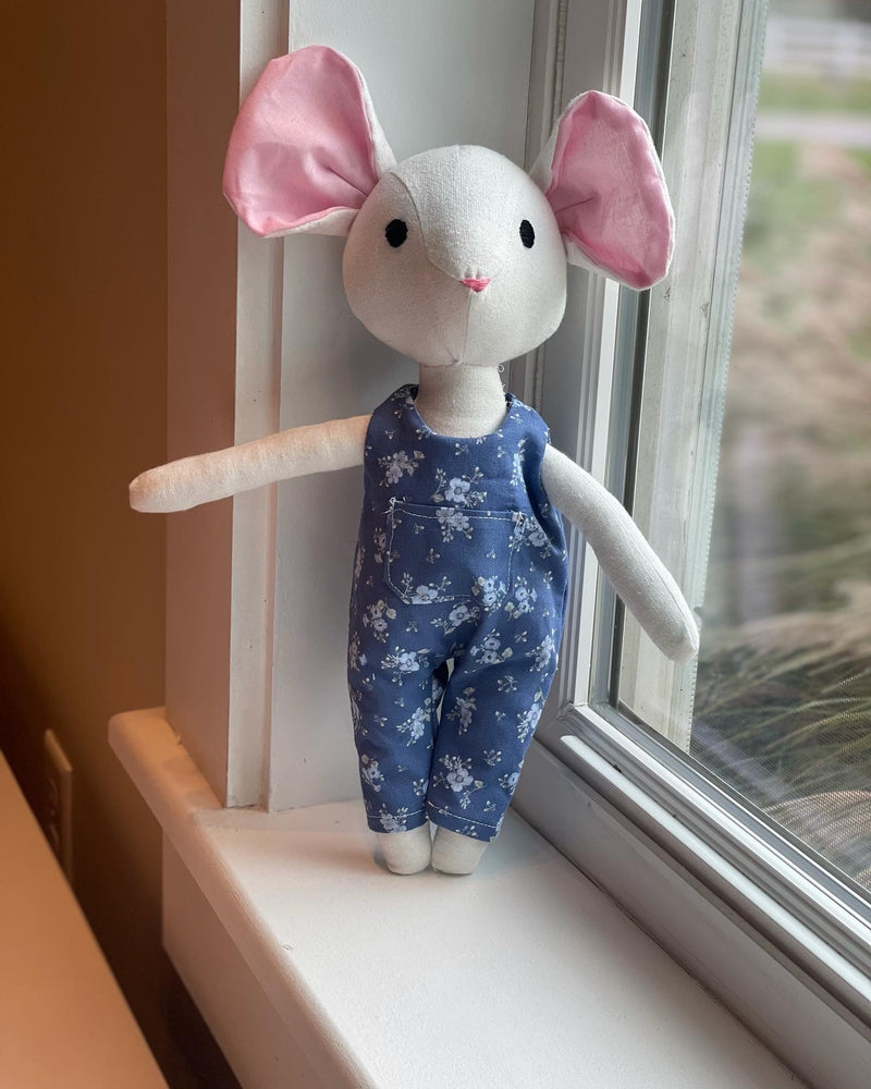 White Mouse in Blue Floral Overalls